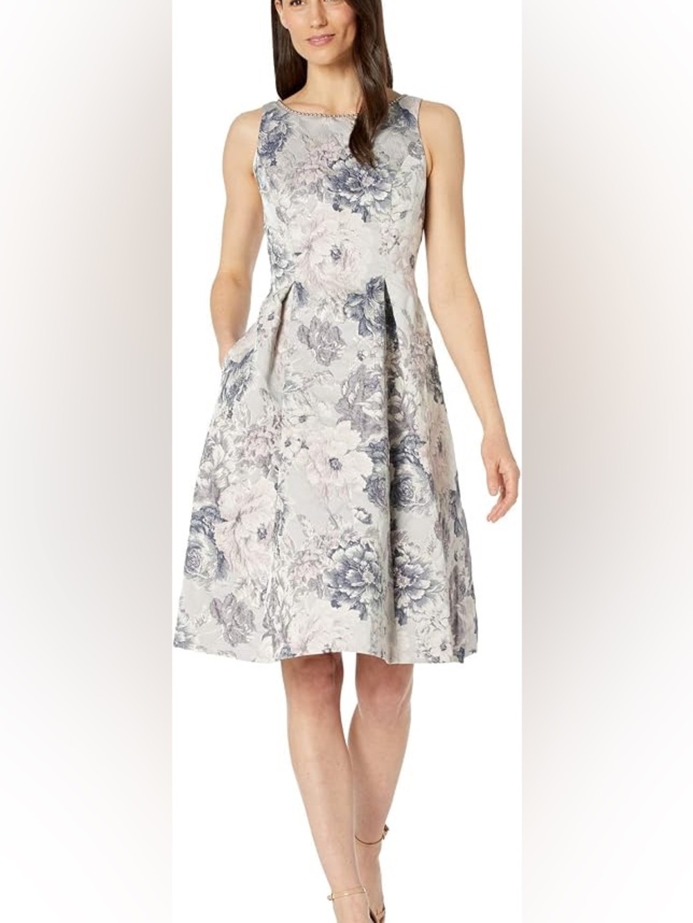 Sleeveless Floral Fit-and-Flare Dress in Light Gray and Blue